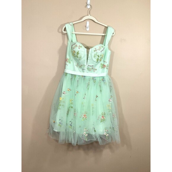 Womens Embroidered Floral Tulle Mini Dress 6 Green Cottage Forest Fairy Party - Picture 1 of 7